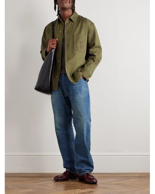 Saint Laurent Green Logo-embroidered Cotton And Linen-blend Gabardine Overshirt for men