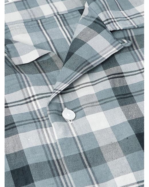 A.PRESSE Blue Camp-collar Checked Silk And Linen-blend Shirt for men