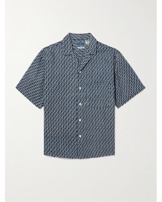 Blue Blue Japan Blue Camp-collar Printed Linen Shirt for men