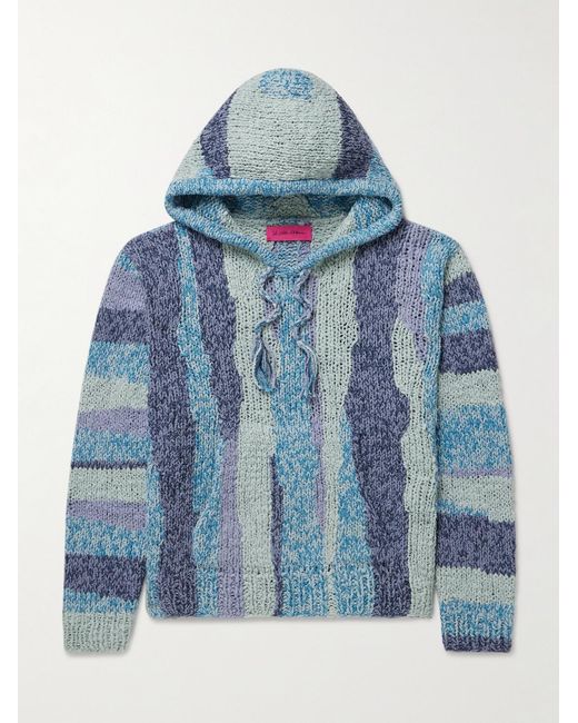 The Elder Statesman Blue Tasselled Striped Crocheted Organic Cotton Hoodie for men