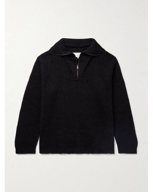 Maison Margiela Black Ribbed Linen And Wool-Blend Half-Zip Sweater for men
