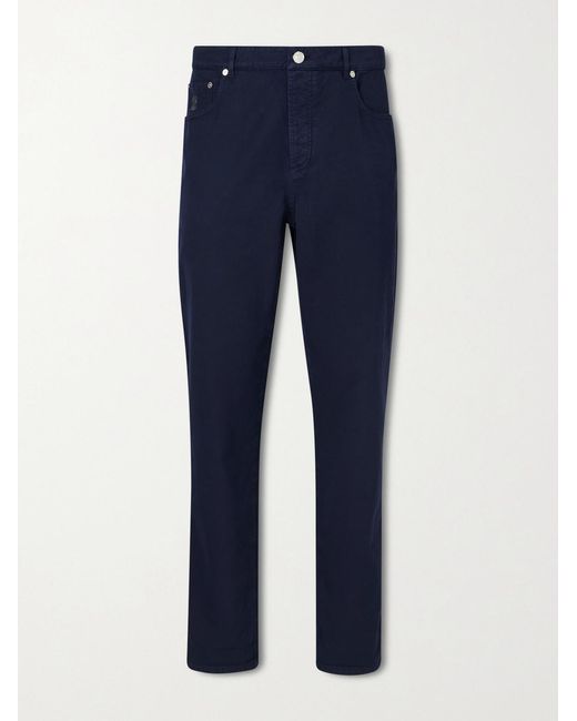 Brunello Cucinelli Blue Logo- Embroidered Straight-Leg Cotton-Twill Trousers for men