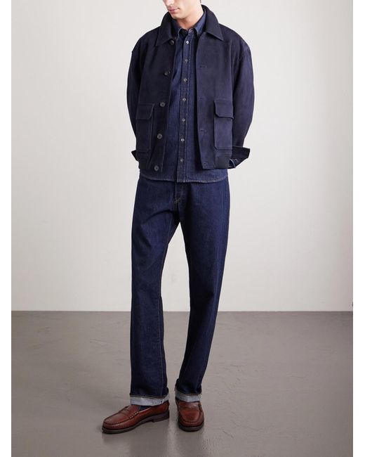 AMI Blue Button-Down Collar Logo-Embroidered Denim Shirt for men
