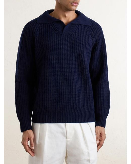 Eleventy Blue Ribbed-Knit Wool And Cashmere-Blend Polo Shirt for men