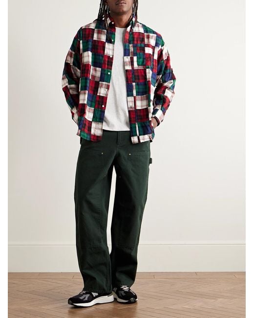 Beams Plus Red Button-Down Collar Patchworked Checked Wool-Madras Shirt for men