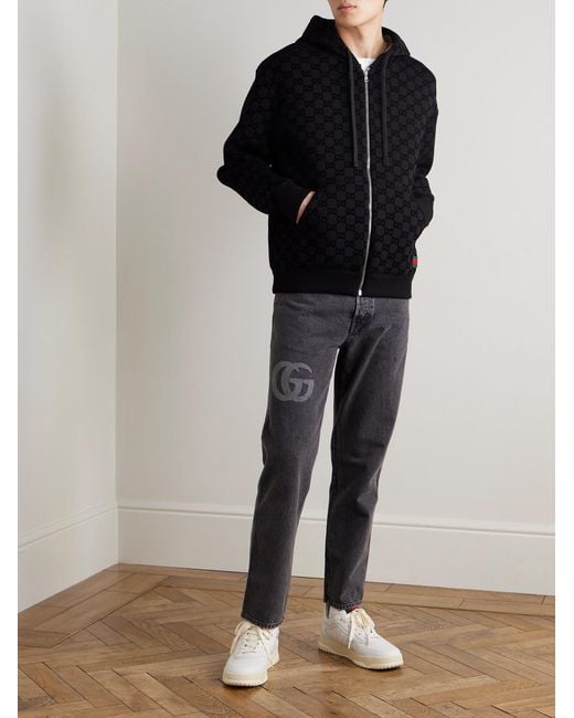 Gucci Black Logo-Flocked Jersey Zip-Up Hoodie for men