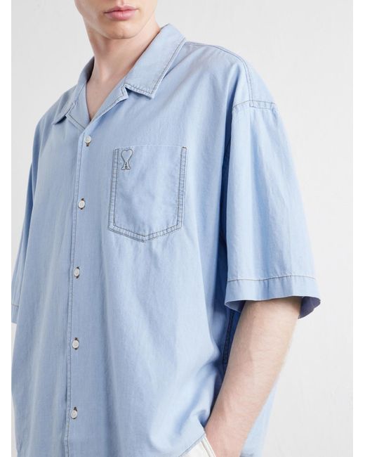 AMI Blue Logo-Embroidered Cotton-Chambray Shirt for men
