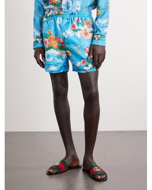 Gucci Blue Straight-Leg Floral-Print Silk-Twill Shorts for men