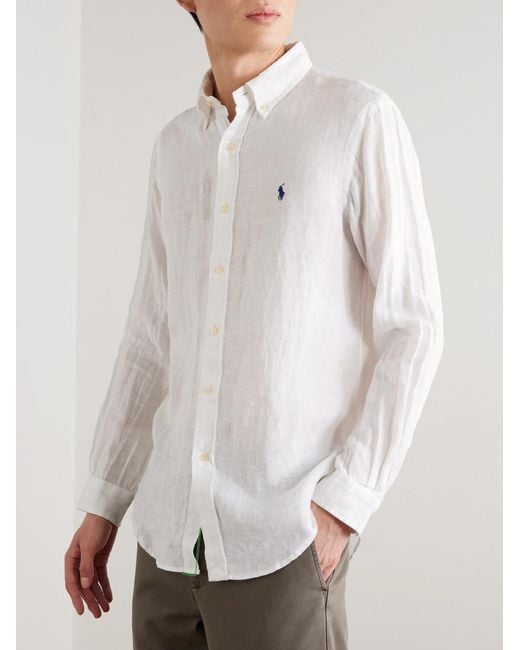 Polo Ralph Lauren White Button-Down Collar Logo-Embroidered Linen Shirt for men