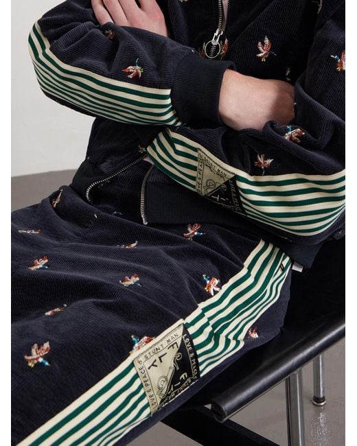 Kapital Blue Cropped Flared Webbing-trimmed Embroidered Cotton-blend Corduroy Sweatpants for men