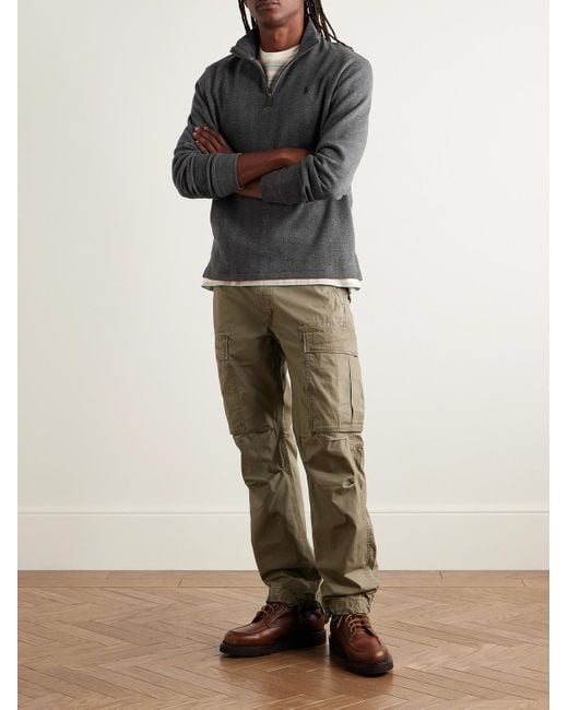 Polo Ralph Lauren Gray Logo-Embroidered Herringbone Cotton Half-Zip Sweatshirt for men