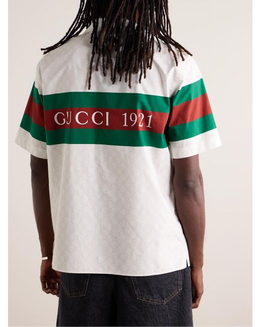Gucci White Camp-collar Logo-print Striped Cotton-poplin Shirt for men