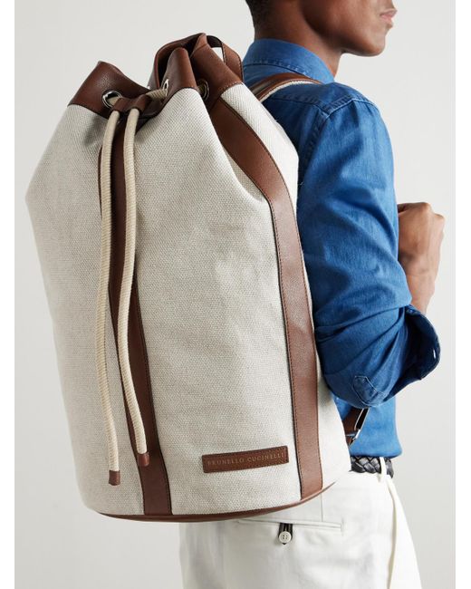 Brunello Cucinelli Natural Leather-Trimmed Cotton And Linen-Blend Canvas Backpack for men