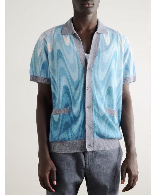 Frescobol Carioca Blue Romero Printed Brushed Wool And Cashmere-Blend Cardigan for men