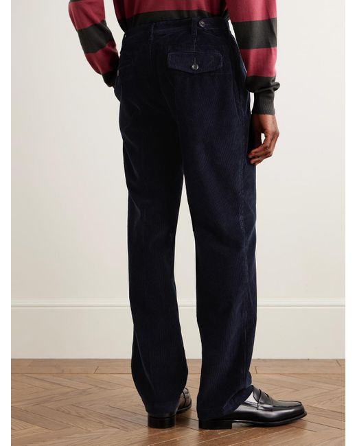 Drake's Blue Games Tapered Pleated Cotton-Corduroy Trousers for men