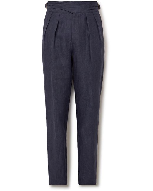Rubinacci Blue Manny Tapered Pleated Linen Trousers for men