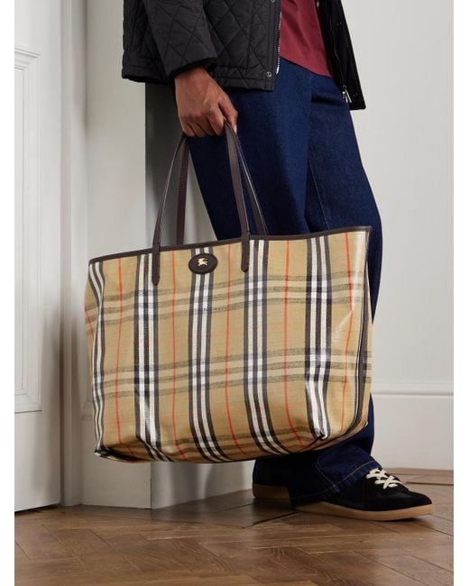 Burberry Natural Full-Grain Leather-Trimmed Checked Coated-Canvas Tote Bag for men