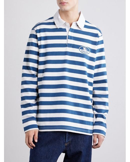 Burberry Blue Logo-Embroidered Striped Cotton Polo Sweater for men
