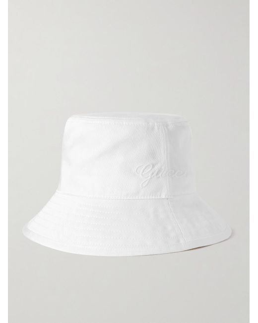 Gucci White Cotton Bucket Hat With Embroidery for men