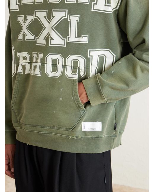 Neighborhood Green Savage Logo-print Distressed Cotton-jersey Hoodie for men