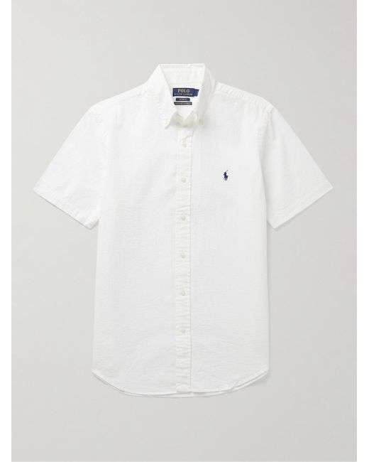 Polo Ralph Lauren White Button-Down Collar Cotton-Seersucker Shirt for men