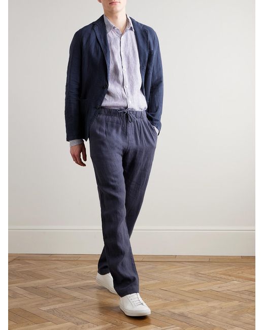 Hartford Blue Joggy Straight-Leg Linen Drawstring Trousers for men