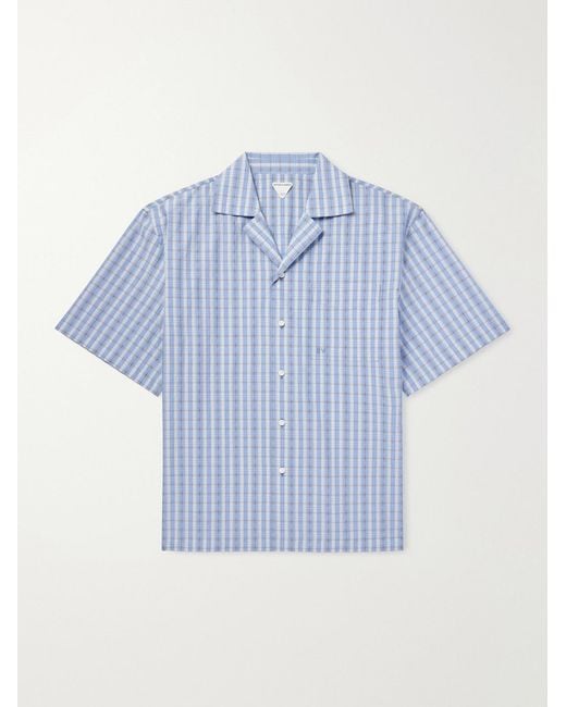 Bottega Veneta Blue Camp-collar Logo-embroidered Checked Cotton And Silk-blend Shirt for men