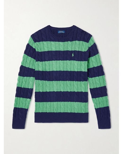 Polo Ralph Lauren Green Logo-Embroidered Striped Cable-Knit Cotton Sweater for men