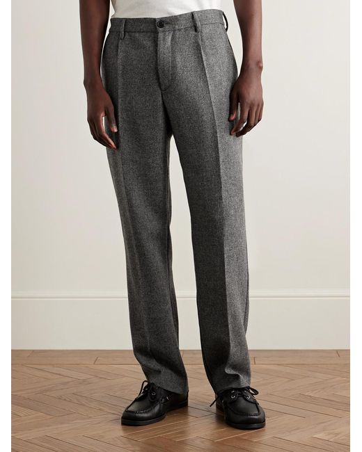 Portuguese Flannel Gray Straight-leg Pleated Wool Suit Trousers for men