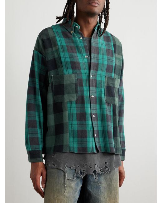 READYMADE Green Button-Down Collar Patchwork Checked Cotton-Flannel Shirt for men