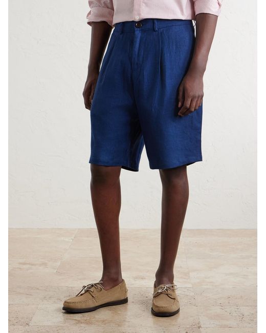 Oliver Spencer Blue Coney Straight-Leg Pleated Linen Shorts for men