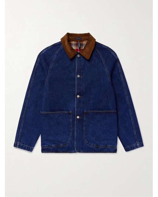Drake's Blue Corduroy-Trimmed-Dyed Denim Chore Jacket for men
