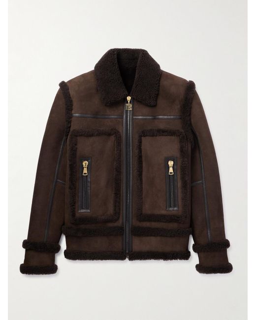 Balmain Black Leather-trimmed Shearling Jacket for men
