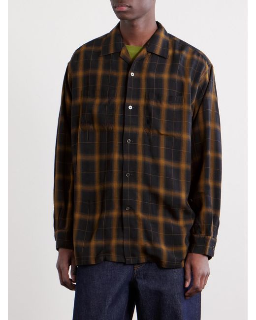 Beams Plus Blue Convertible-Collar Checked Woven Shirt for men