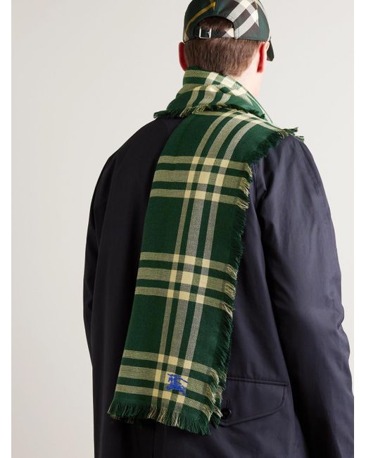Burberry Green Fringed Logo-embroidered Checked Wool-blend Scarf for men