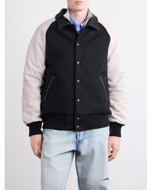 Golden Bear Black Collared Raglan Leather Trimmed Wool-Blend Bomber Jacket for men