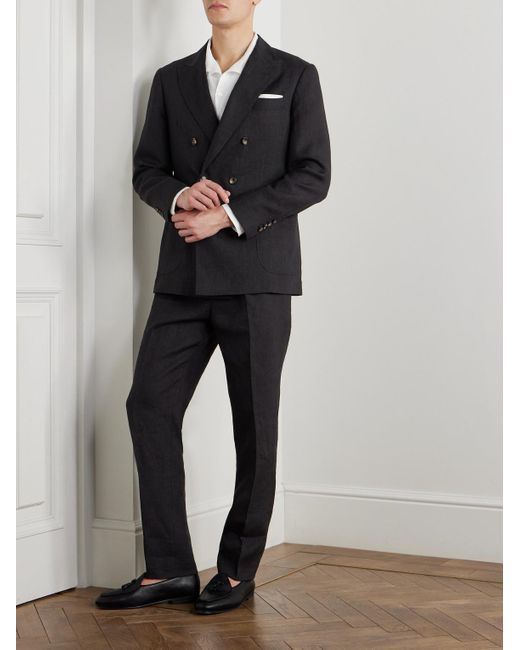 Brunello Cucinelli Black Slim-fit Pleated Linen Suit Trousers for men