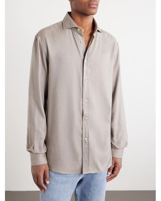 Brunello Cucinelli White Herringbone Cotton And Lyocell-Blend Shirt for men