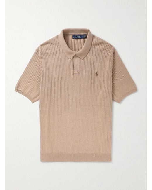 Polo Ralph Lauren Natural Logo-Embroidered Ribbed Cotton Polo Shirt for men