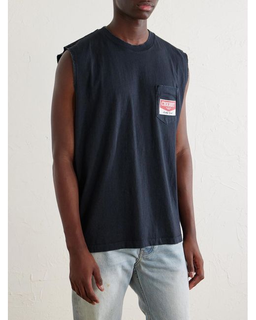 CHERRY LA Blue Logo-Printed Distressed Cotton-Jersey Tank Top for men