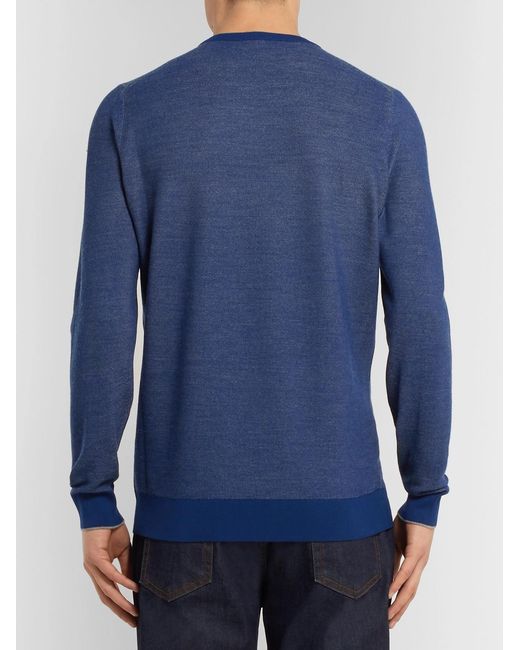 Loro Piana Blue Contrast-Tipped Mélange Wool And Cashmere-Blend Piqué Sweater for men
