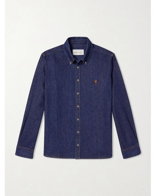 AMI Blue Button-Down Collar Logo-Embroidered Denim Shirt for men