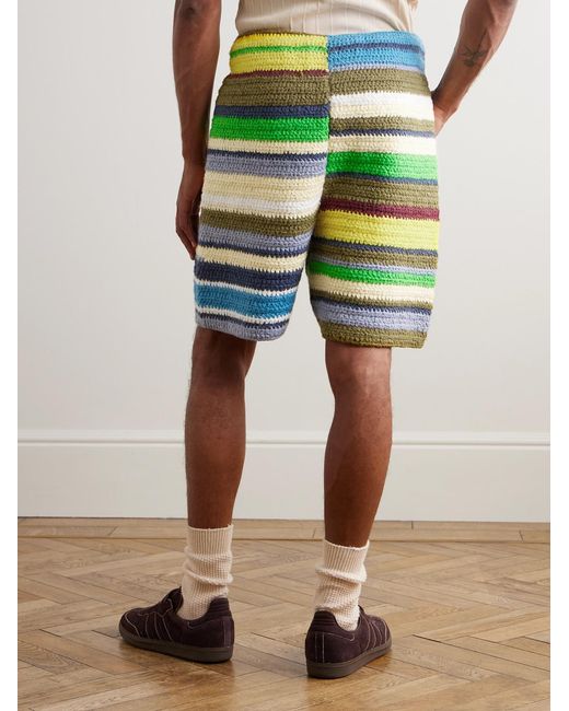 The Elder Statesman Green Straight-Leg Striped Crocheted Organic Cotton Drawstring Shorts for men
