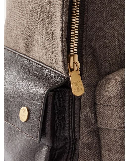 Brunello Cucinelli Brown Leather-Trimmed Woven Backpack for men