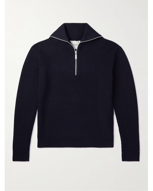 Rohe Blue Ribbed Wool Half-zip Sweater for men