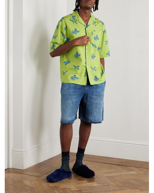 Marni Green Convertible-Collar Printed Cotton Shirt for men