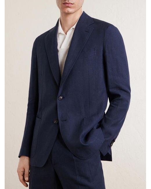 De Petrillo Blue Linen Single-breasted Blazer for men