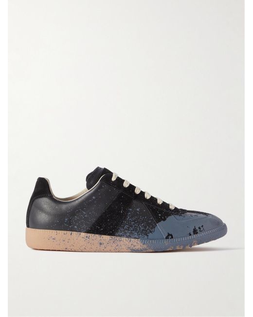 Maison Margiela Blue Replica Paint-splattered Suede And Leather Sneakers for men