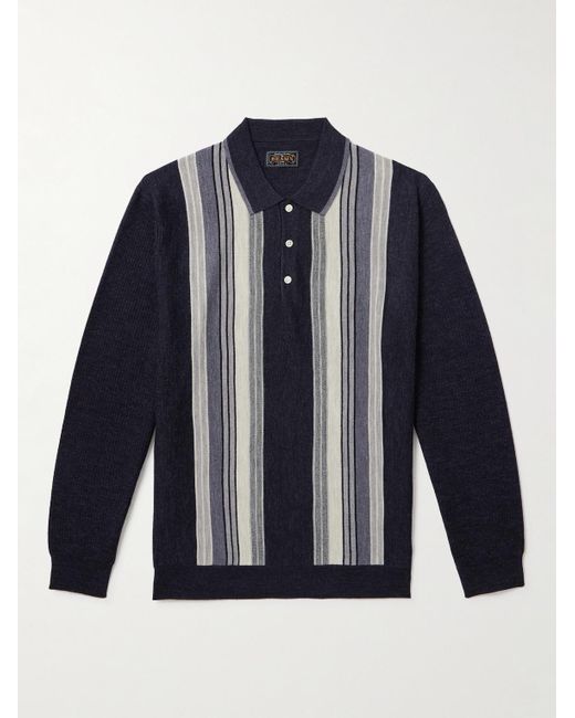 Beams Plus Blue Striped Wool Polo Shirt for men