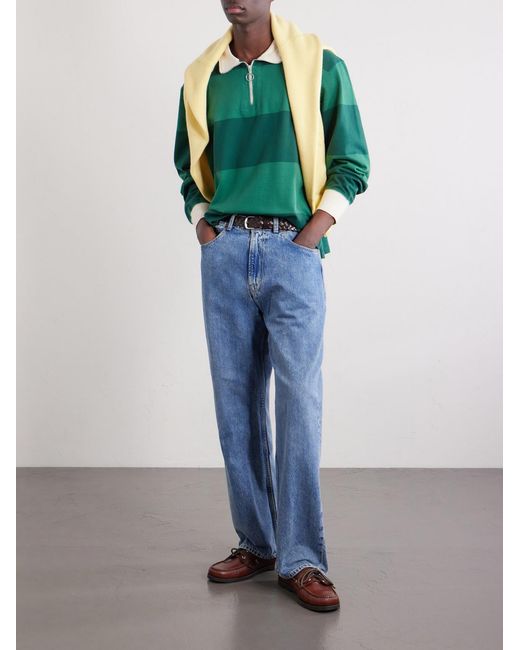 Drake's Green Striped Cotton-Jersey Half-Zip Polo Shirt for men
